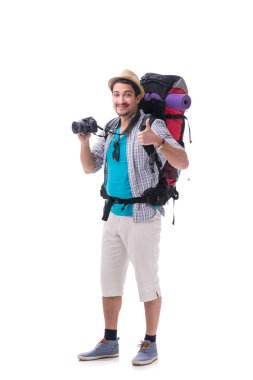 Beyaz arka plan üzerinde izole kamera ile Backpacker