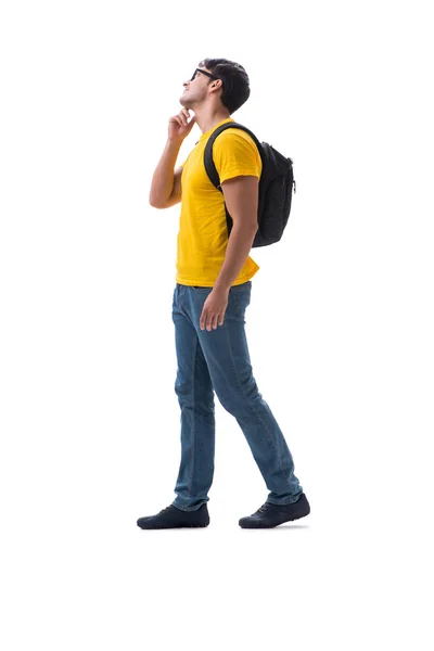 Jonge student met rugzak geïsoleerd op wit — Stockfoto