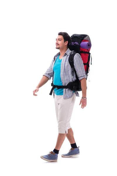 Backpacker mit großem Rucksack isoliert auf weiß — Stockfoto