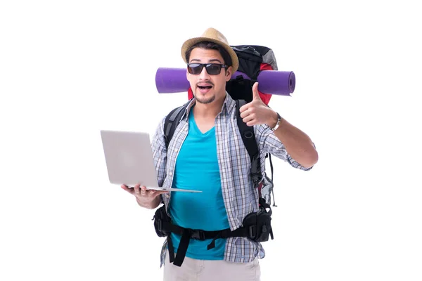 Tourist trying to find direction with laptop — Stock Photo, Image