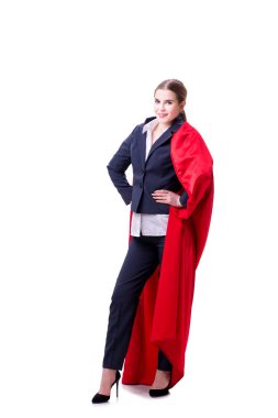 Beyaz arka planda izole edilmiş süper kahraman kadın.