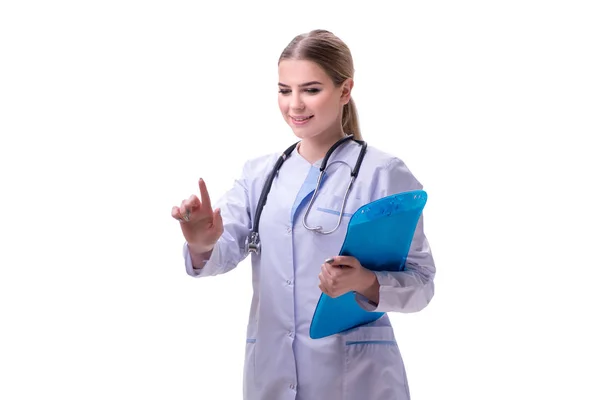 흰 배경에 고립된 젊은 여자 의사 — 스톡 사진