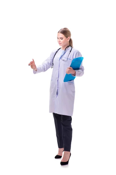Mujer joven médico aislado sobre fondo blanco — Foto de Stock