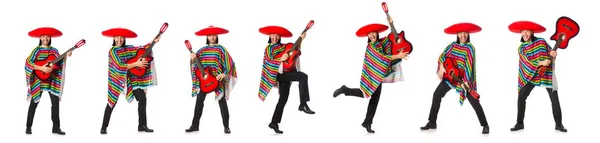 Mexikaner im lebendigen Poncho, Gitarre isoliert auf Weiß — Stockfoto