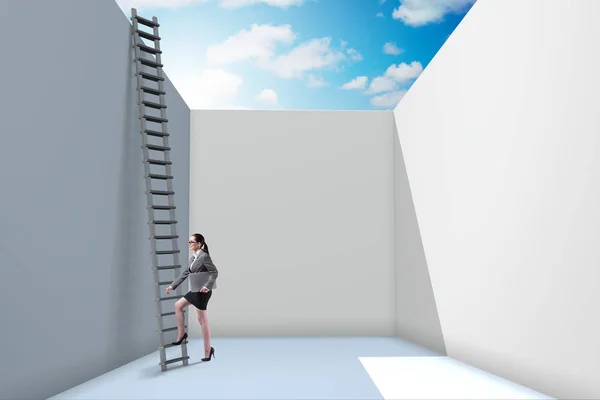 Affärskvinna klättra en stege för att fly från problem — Stockfoto