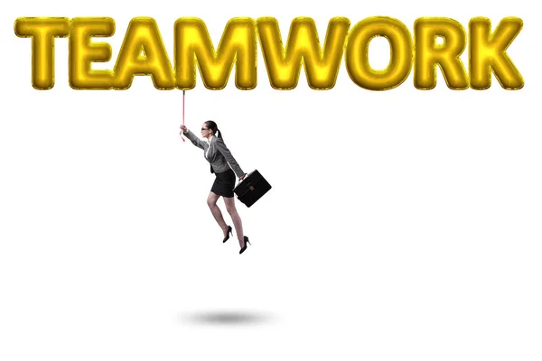 Businesswoman flying in teamwork concept — Stock Photo, Image