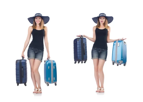 Flicka med resväskor isolerad på vitt — Stockfoto
