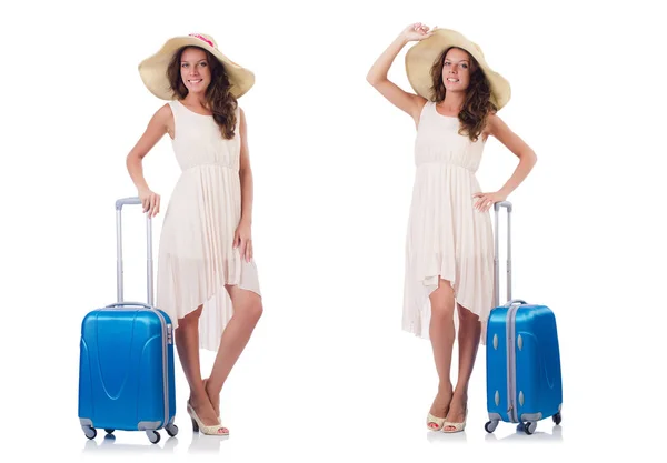 Mujer yendo a vacaciones de verano aislado en blanco —  Fotos de Stock