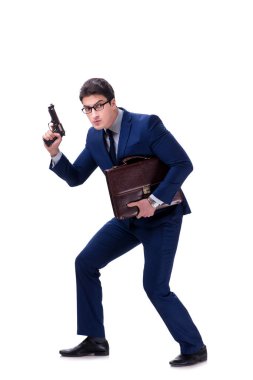 Beyaz arka plan üzerinde izole silahla işadamı