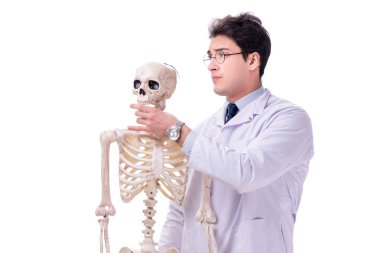 Beyaz izole iskelet ile genç doktor
