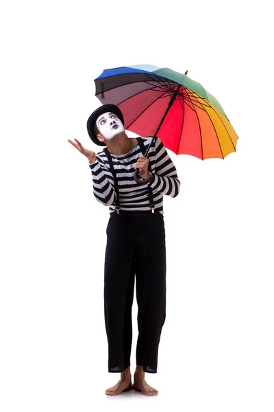 Mime med paraply isolerad på vit bakgrund — Stockfoto