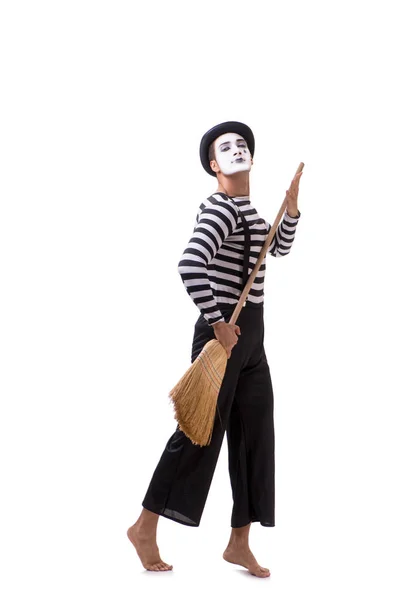 白い背景で隔離のほうきと mime します。 — ストック写真