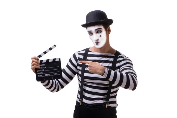 带有影片 clapperboard 的 Mime 与白色隔离 — 图库照片