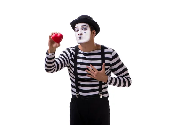 Mime håller rött hjärta isolerad på vit bakgrund — Stockfoto