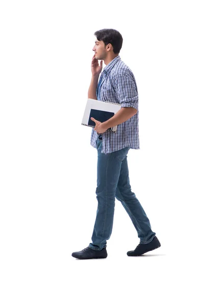 Joven estudiante con notas de libro ang aislado en blanco — Foto de Stock