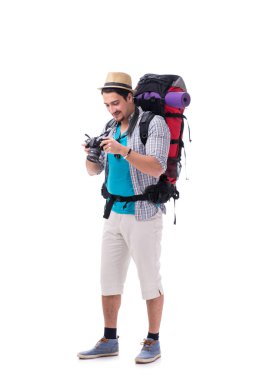 Beyaz arka plan üzerinde izole kamera ile Backpacker