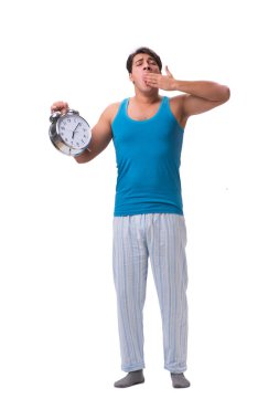 Uyanan adam, beyaz alarmlı saat ile izole