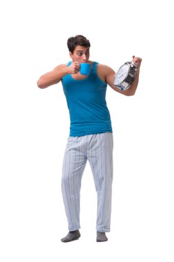 Uyanan adam, beyaz alarmlı saat ile izole