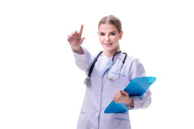 Genç kadın doktor beyaz arka planda izole edilmiş.