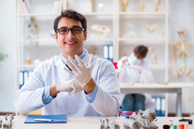 Profesör laboratuvarda insan iskeletini inceliyor.