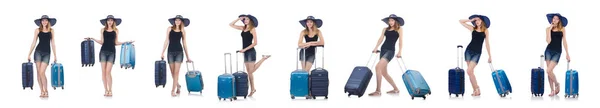 Girl with suitcases isolated on white — Stock Photo, Image