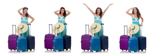 Woman traveller with suitcase isolated on white — Stock Photo, Image