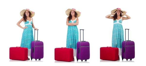 Vrouw gaat naar zomervakantie geïsoleerd op wit — Stockfoto