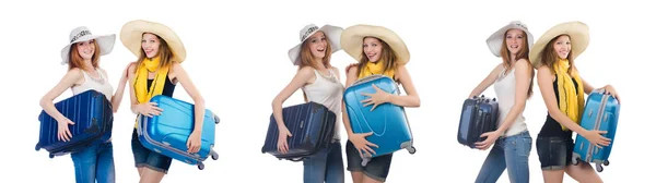 Mujer yendo a vacaciones de verano aislado en blanco — Foto de Stock