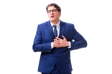 Hasta ve mutsuz iş adamı beyaz arka planda izole edilmiş. 