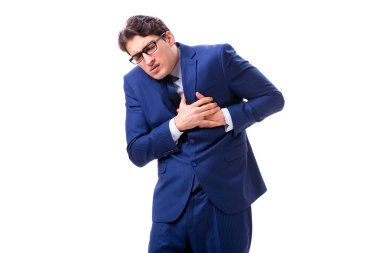 Hasta ve mutsuz iş adamı beyaz arka planda izole edilmiş. 