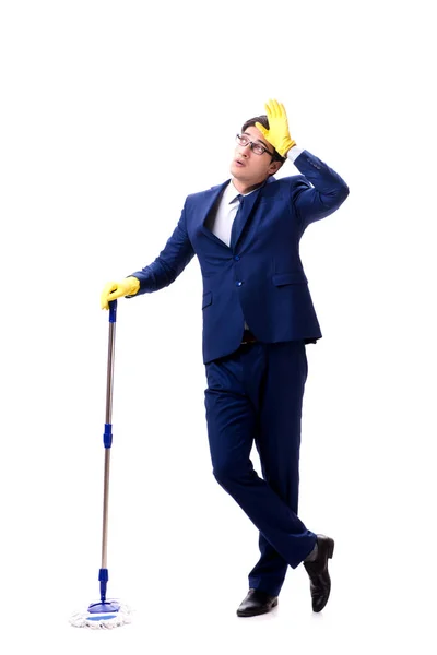 Handsome businessman with the mop isolated on white background — Stock Photo, Image