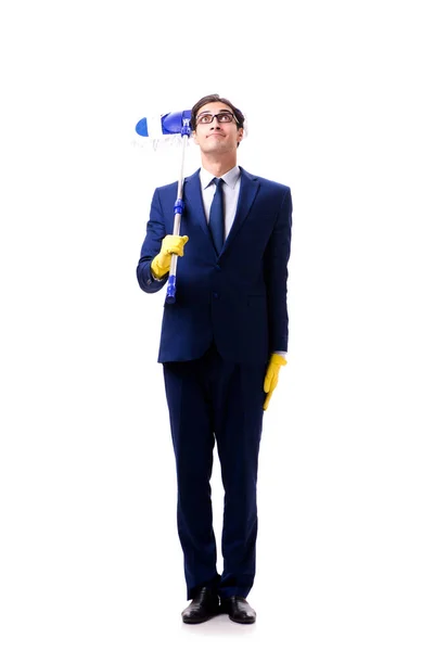 Pohledný podnikatel s mopem izolovaných na bílém pozadí — Stock fotografie
