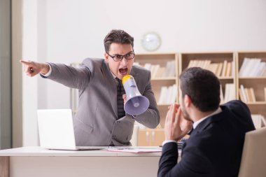 Angry boss shouting at his employee clipart