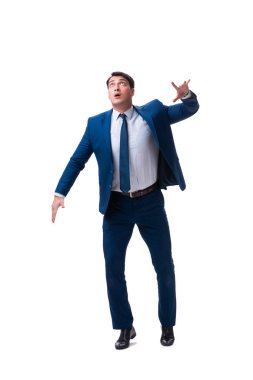 Komik poz üzerinde beyaz izole iş adamı