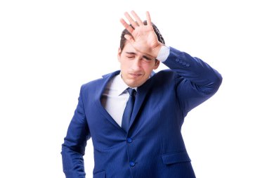 Hasta ve mutsuz iş adamı beyaz arka planda izole edilmiş. 