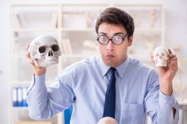 Komik çılgın profesör insan iskeletini inceliyor.