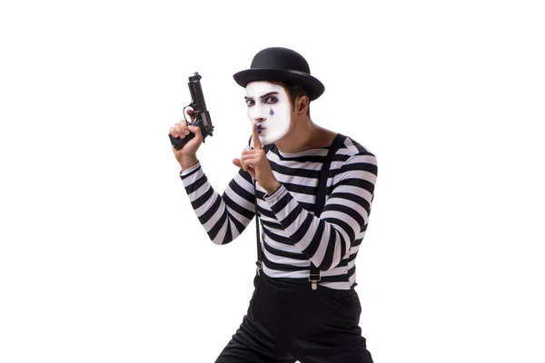 Mime with handgun isolated on white background — Stock Photo, Image