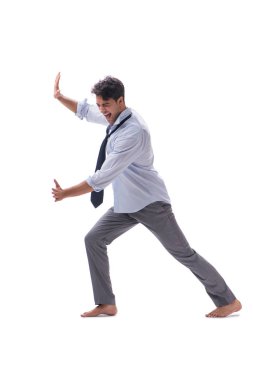 Yalınayak iş adamı beyaz arka planda izole edilmiş.