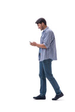 Genç öğrenci ile üzerine beyaz izole smartphone