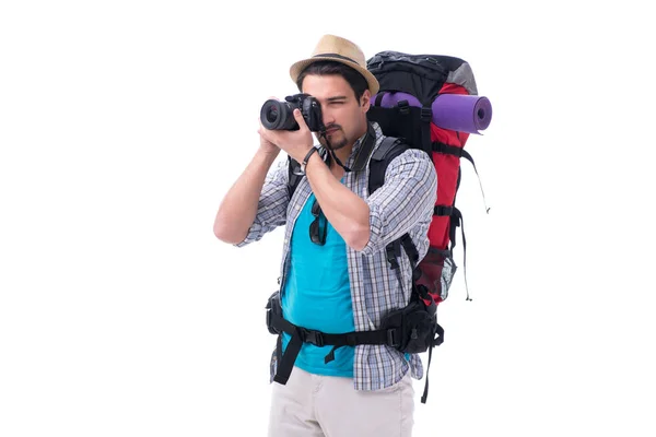 Backpacker med kamera isolerad på vit bakgrund — Stockfoto