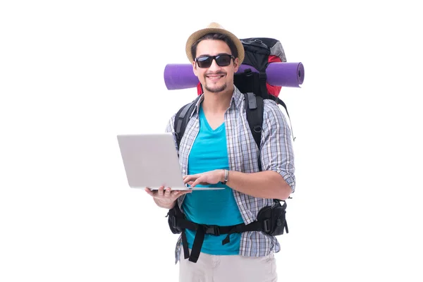 Tourist trying to find direction with laptop — Stock Photo, Image