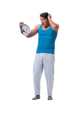 Uyanan adam, beyaz alarmlı saat ile izole