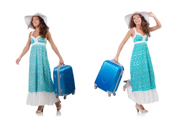 Woman traveller with suitcase isolated on white — Stock Photo, Image