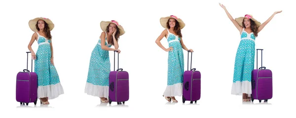 Жінка мандрівник з валізою ізольовано на білому — стокове фото