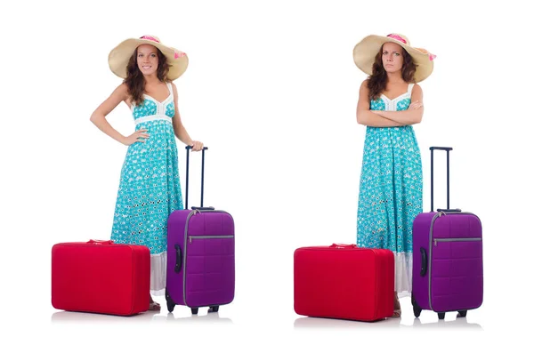 Vrouw gaat naar zomervakantie geïsoleerd op wit — Stockfoto