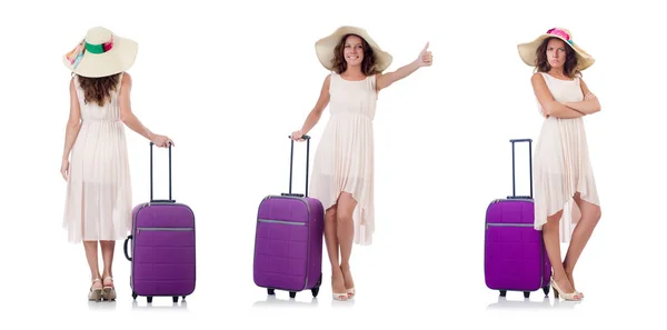 Viaggiatore donna con valigia isolata su bianco — Foto Stock