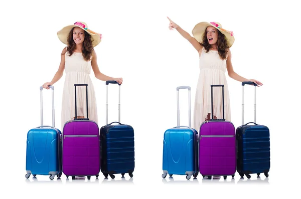 Mujer yendo a vacaciones de verano aislado en blanco —  Fotos de Stock