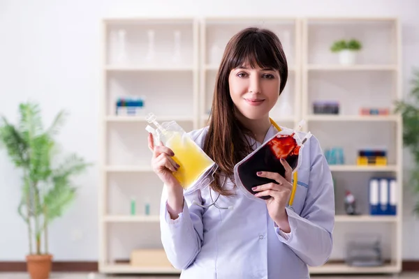 Jonge vrouwelijke arts met zak bloedplasma in ziekenhuis — Stockfoto