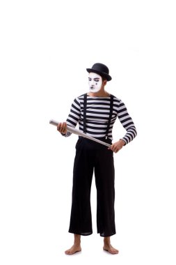 Beyazda izole edilmiş beyzbol sopasıyla pandomim