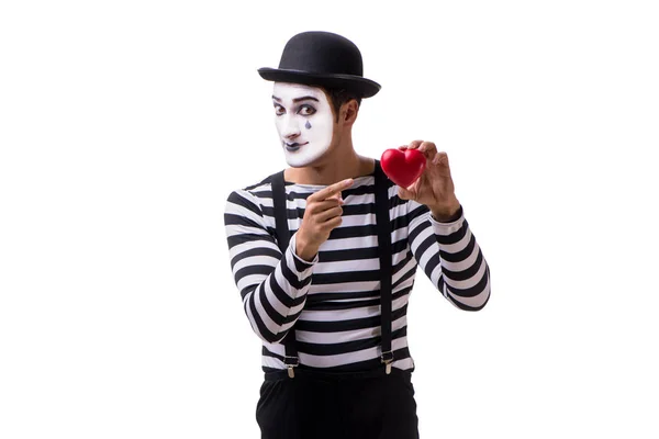 Mime houdt rood hart geïsoleerd op witte achtergrond — Stockfoto